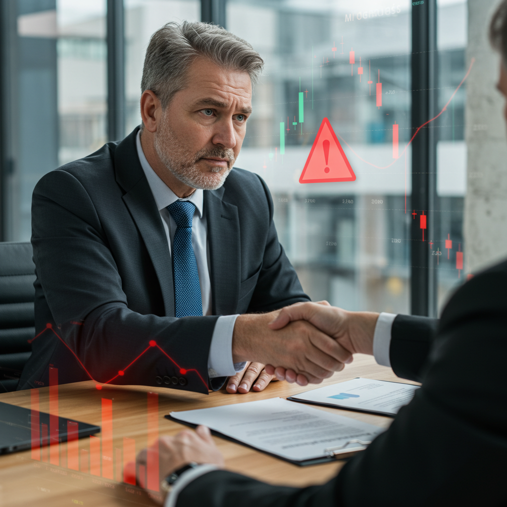 Businessman in a tense handshake, with financial risk indicators and stock market trends in the background