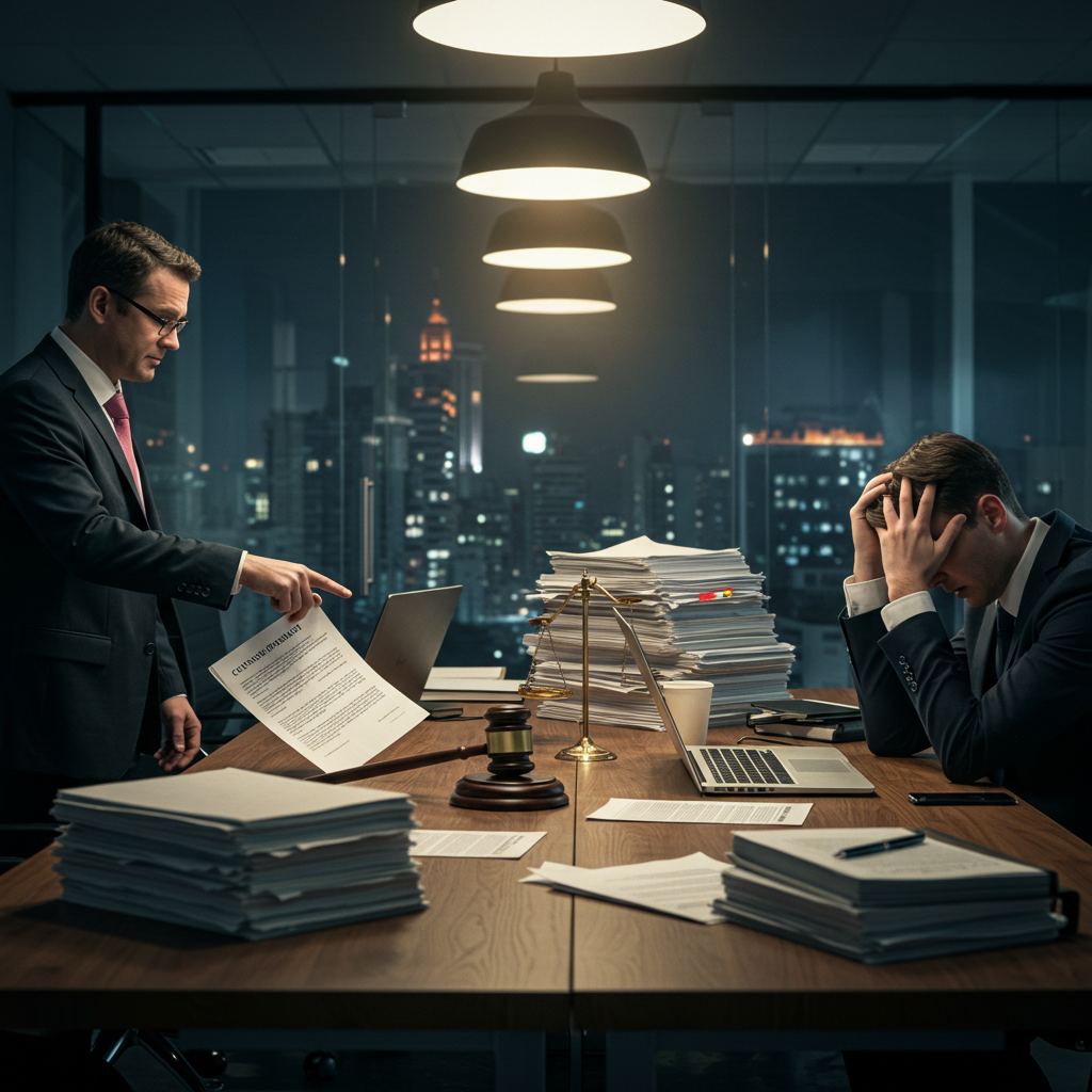 Stressed lawyer with head in hands, facing an authoritative colleague and piles of legal documents.