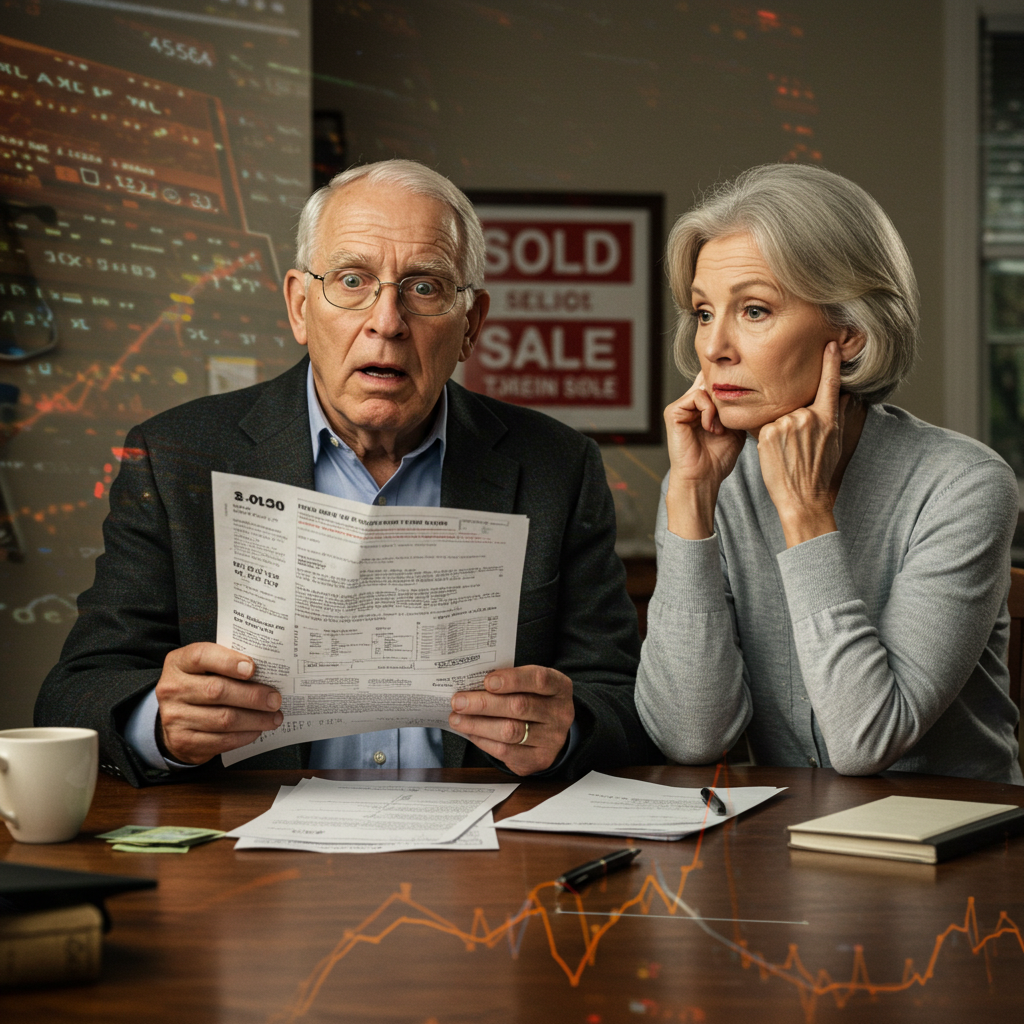 Elderly couple shocked over financial documents, with stock market decline projections in the background.