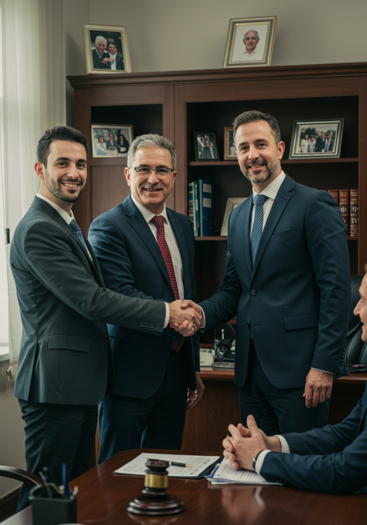 Three smiling businessmen in suits shaking hands in a professional law office setting.