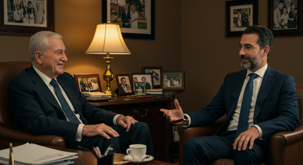 Senior businessman and advisor having a professional conversation in an elegant office.